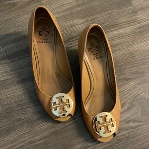 Tory Burch Sally peep toe wedges saddle brown